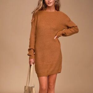 Lulus - Bringing Sexy Back Camel Backless Knit Sweater Mini Dress size XS